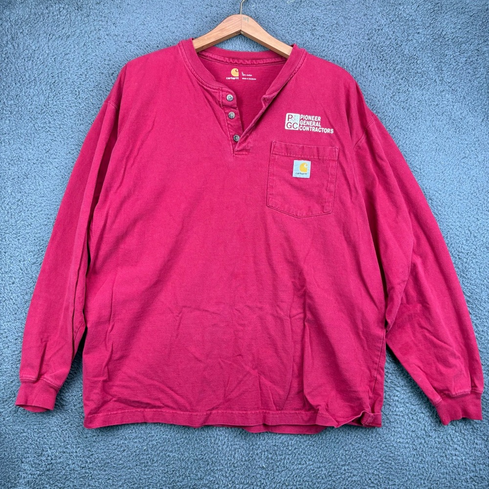 Carhartt Mens Red Long Sleeve Henley Pocket‎ T-Shirt Pioneer Contractors Size L